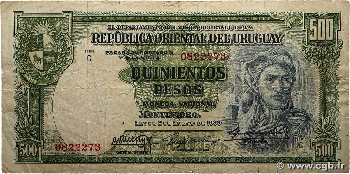 500 Pesos URUGUAY  1939 P.040c B+