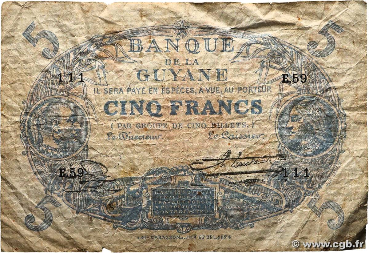 5 Francs Cabasson bleu GUYANE  1933 P.01b B