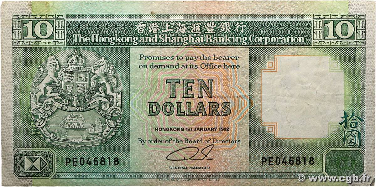 10 Dollars HONG KONG  1992 P.191c TTB