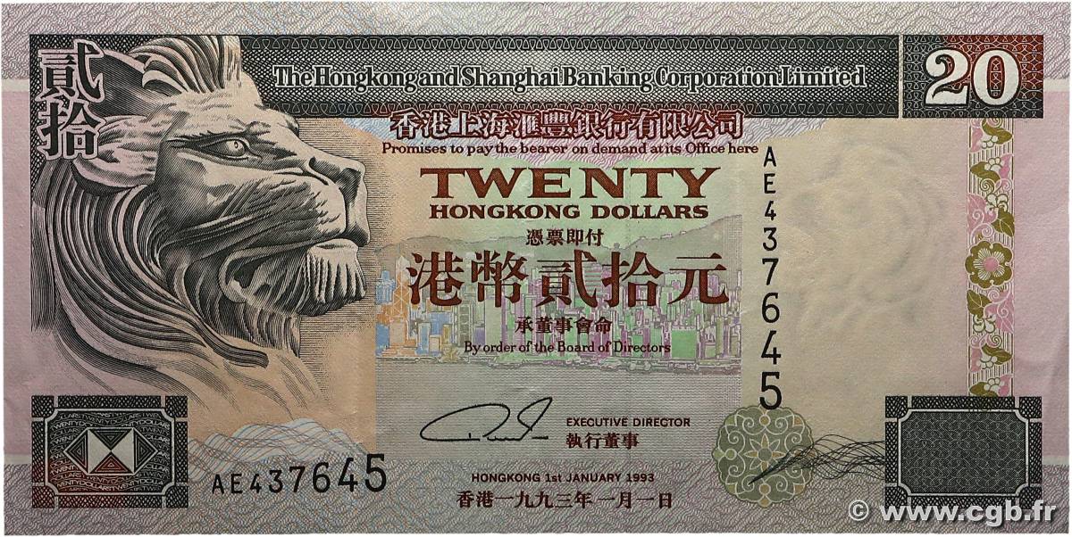 20 Dollars HONG KONG  1993 P.285a TTB+