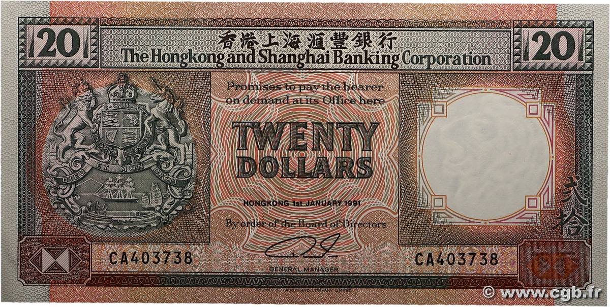 20 Dollars HONG KONG  1991 P.197b SUP