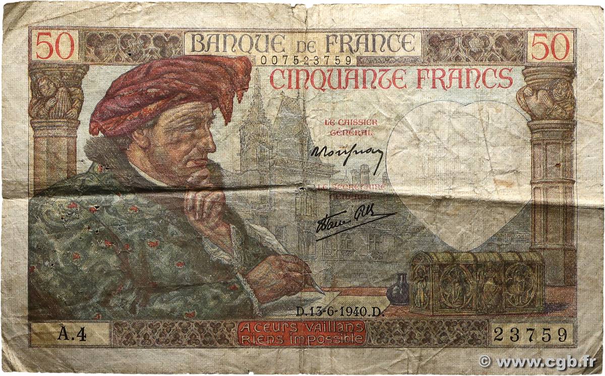 50 Francs JACQUES CŒUR FRANCE  1940 F.19.01 B+