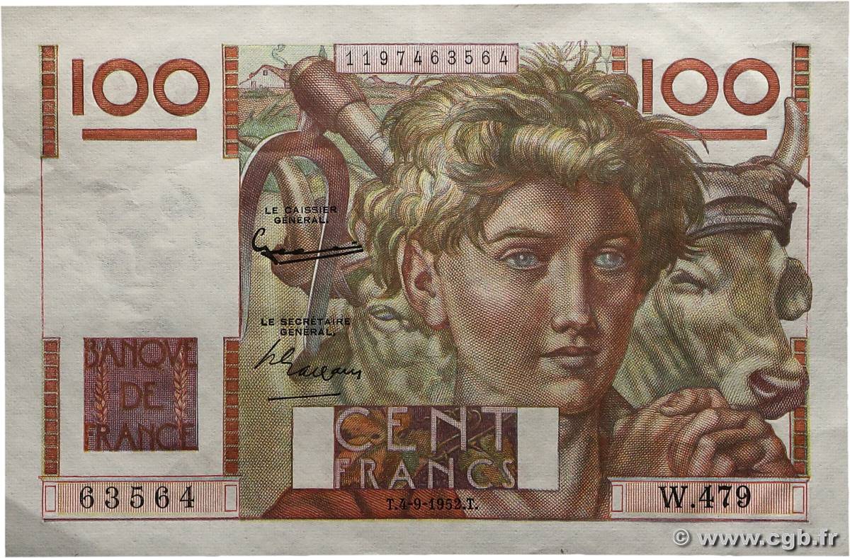 100 Francs JEUNE PAYSAN FRANCE  1952 F.28.33 SUP
