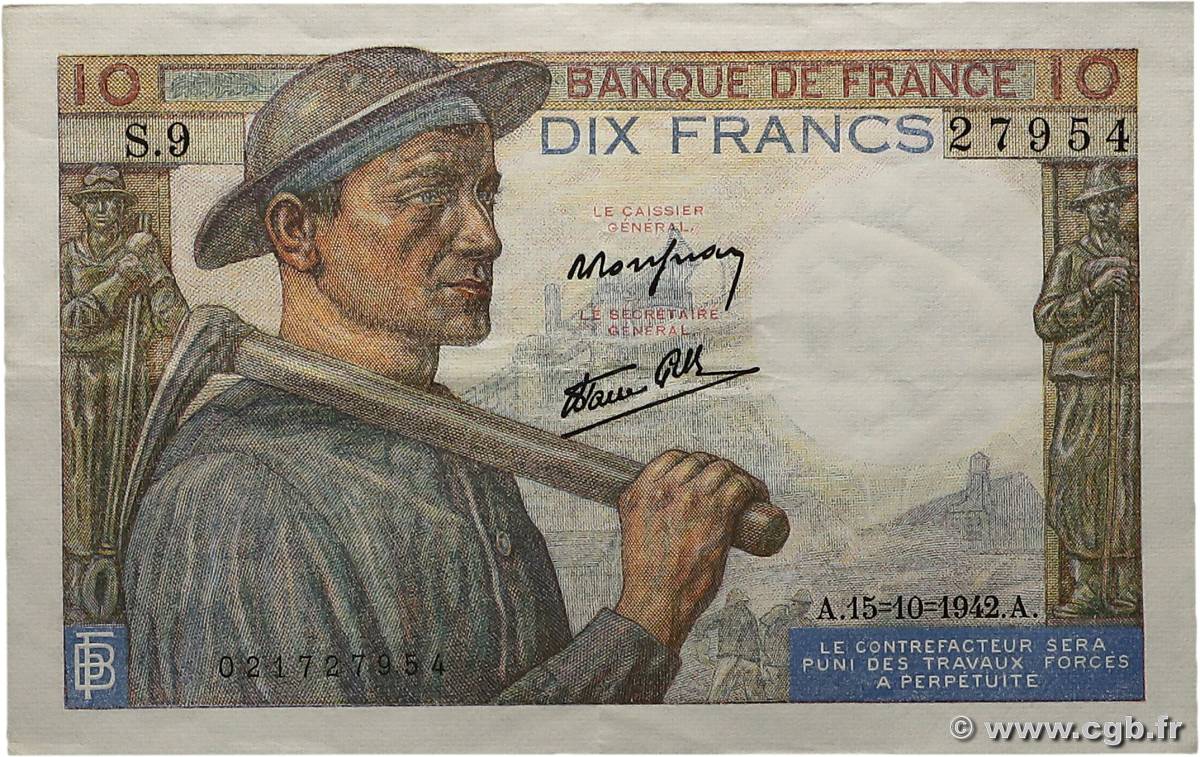 10 Francs MINEUR FRANCE  1942 F.08.04 TTB+