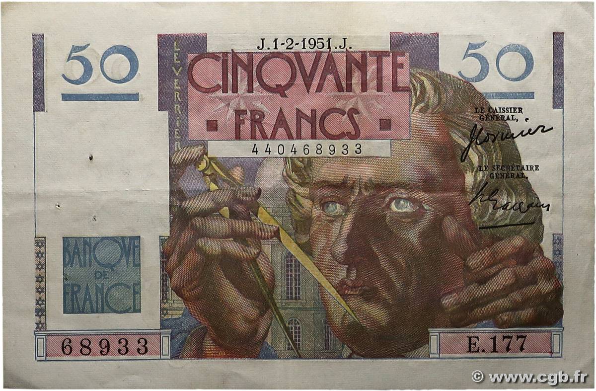 50 Francs LE VERRIER FRANCE  1951 F.20.17 TTB+