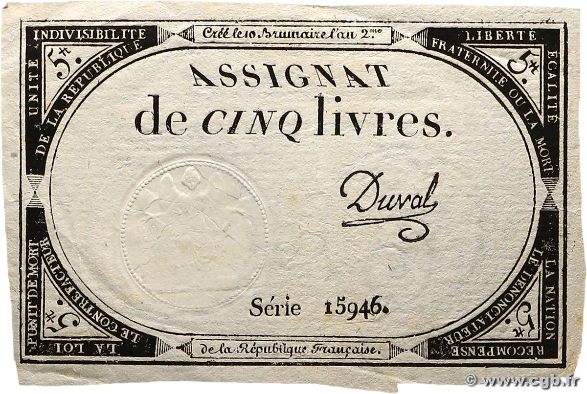 5 Livres FRANCE  1793 Ass.46a SUP
