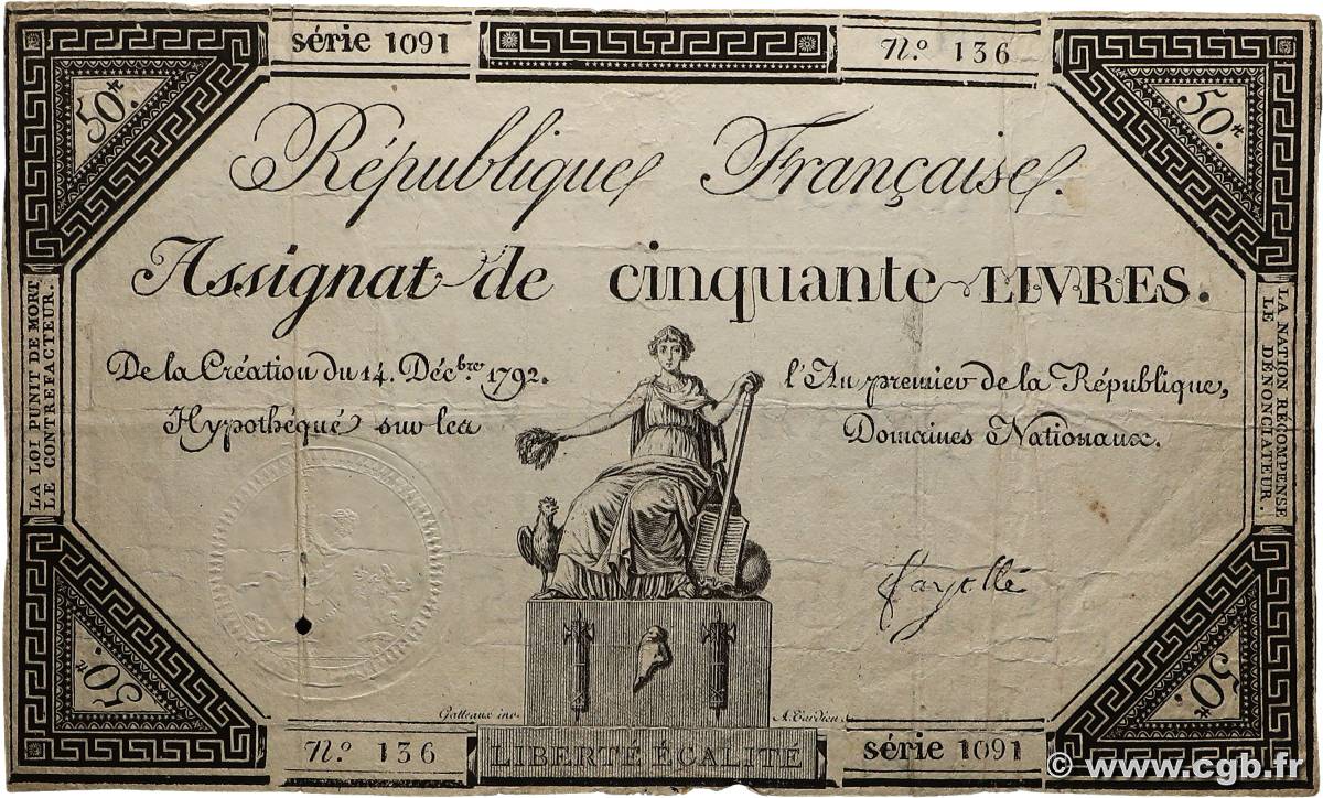 50 Livres FRANCE  1792 Ass.39a TB+