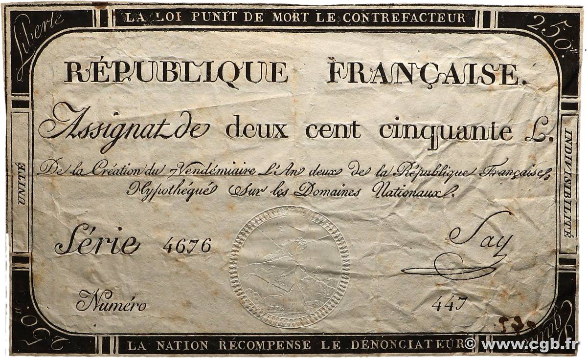 250 Livres FRANCE  1793 Ass.45a TB+