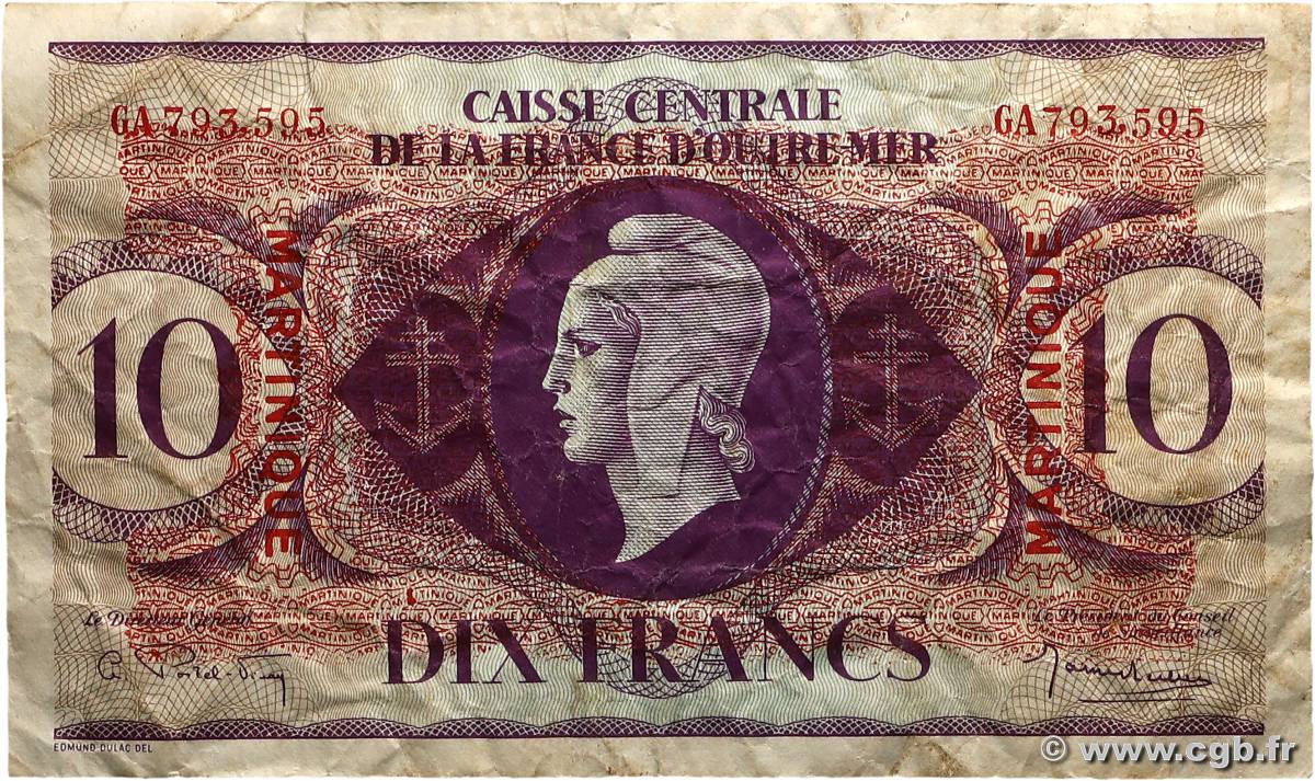 10 Francs Type anglais MARTINIQUE  1943 P.23 TB