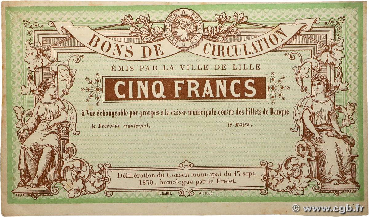 5 Francs Non émis FRANCE régionalisme et divers Lille 1870 BPM.069.38 SUP+