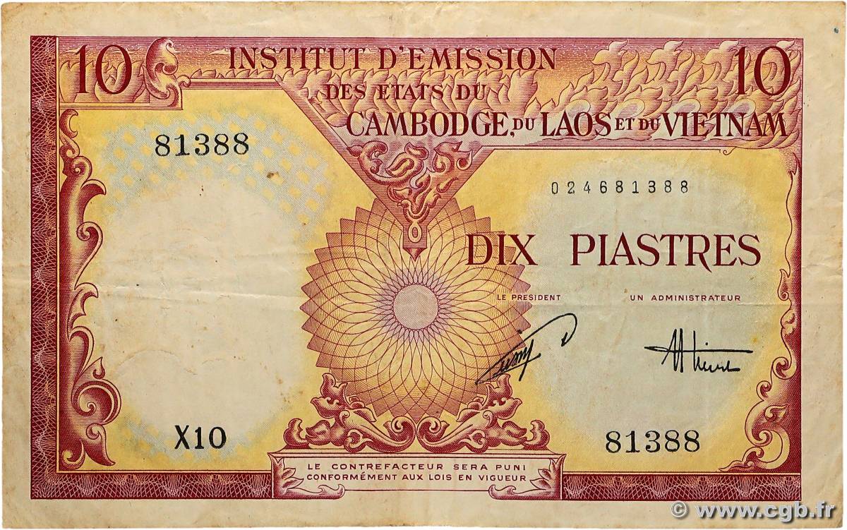 10 Piastres - 10 Dong INDOCHINE FRANÇAISE  1953 P.107 TTB