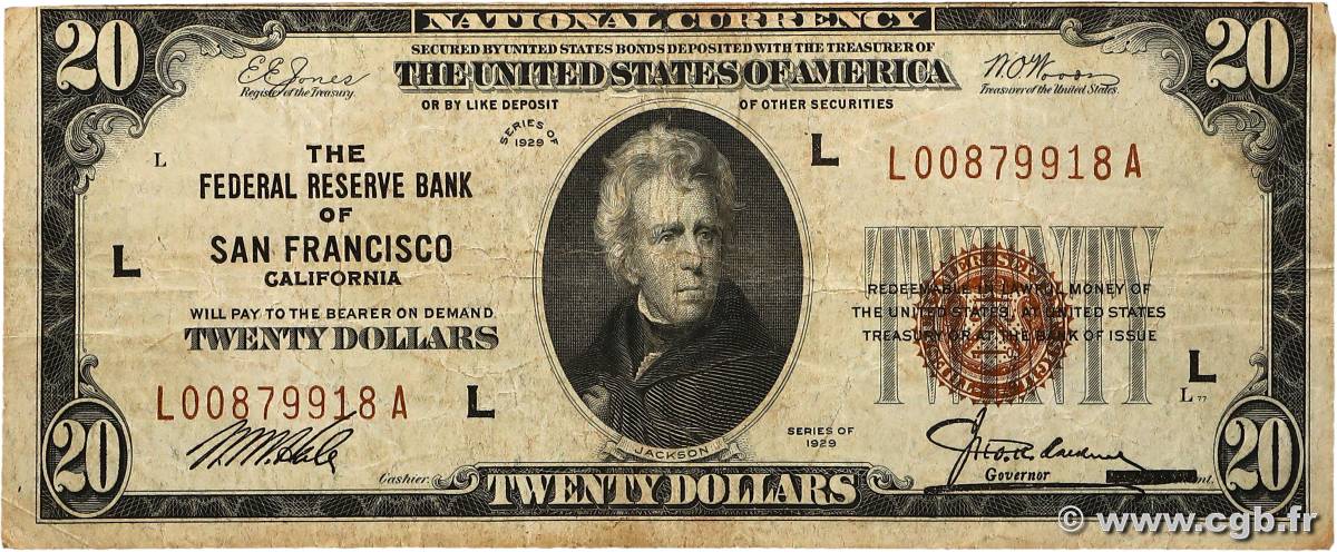 20 Dollars ÉTATS-UNIS D AMÉRIQUE San Francisco 1929 P.397L TB