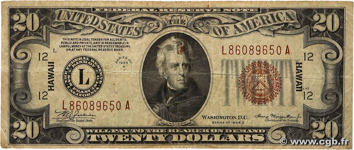 20 Dollars HAWAII San Francisco 1934 P.41 TB