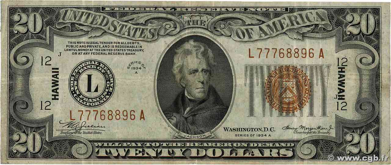 20 Dollars HAWAII  1934 P.41 TB+