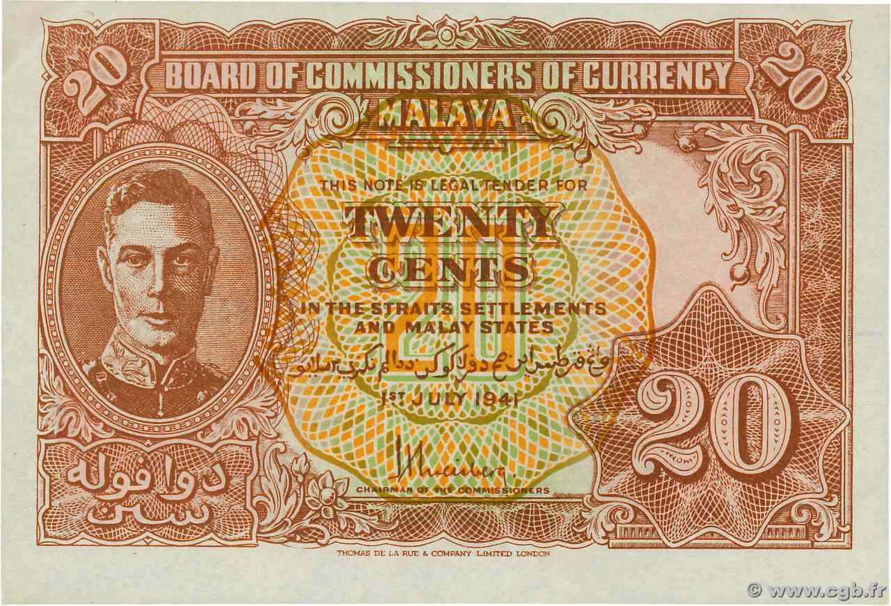 20 Cents MALAYA  1941 P.09b pr.NEUF