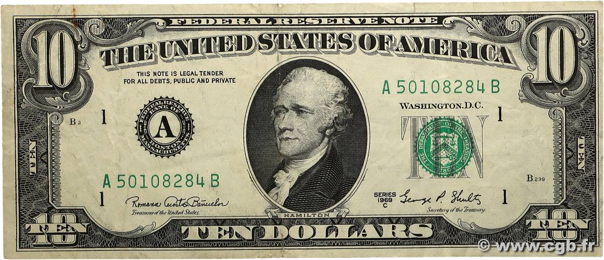 10 Dollars ÉTATS-UNIS D&nbsp;AMÉRIQUE Boston 1969 P.451d TB+