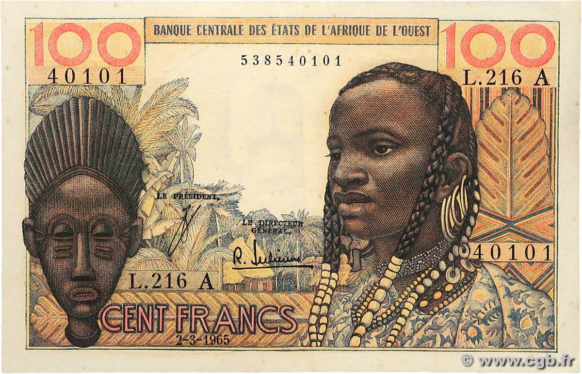 100 Francs WEST AFRICAN STATES  1965 P.101Ae AU