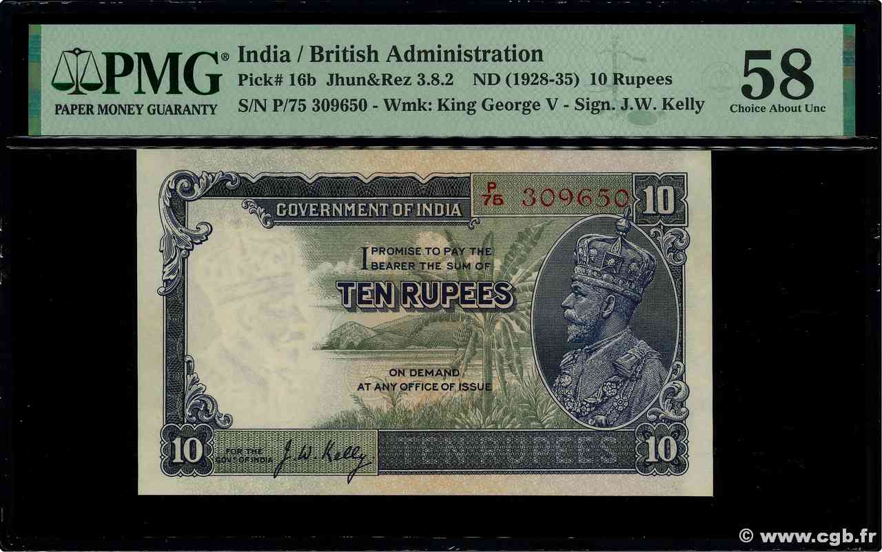 10 Rupees INDIA  1928 P.016b AU