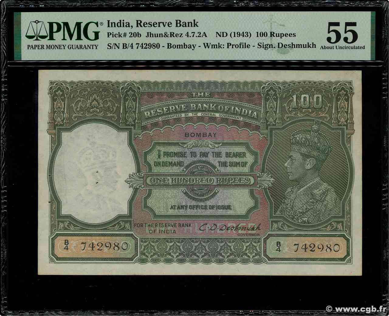 100 Rupees INDIA
 Bombay 1943 P.020b AU