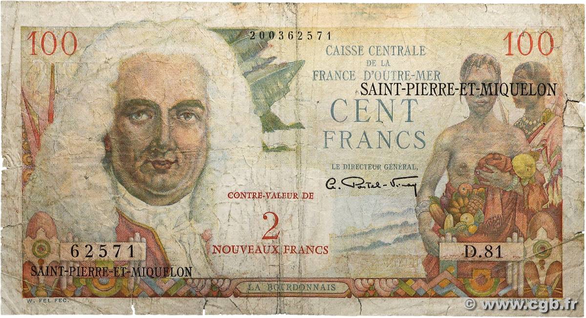 2 NF sur 100 Francs La Bourdonnais SAINT PIERRE AND MIQUELON  1960 P.32 G