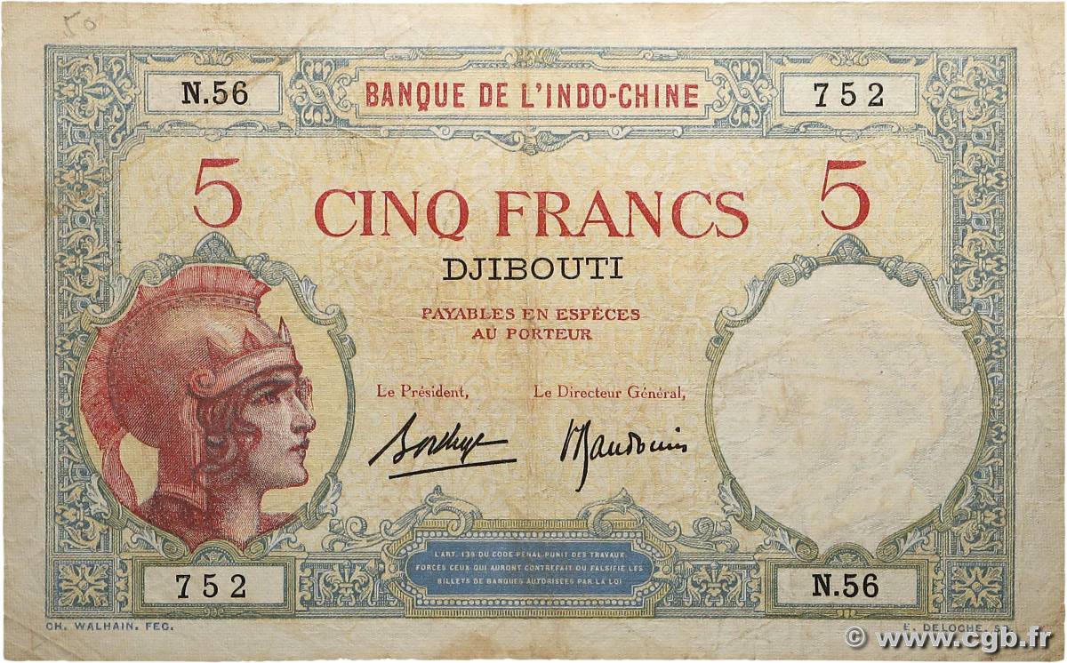 5 Francs DJIBOUTI  1936 P.06b TB