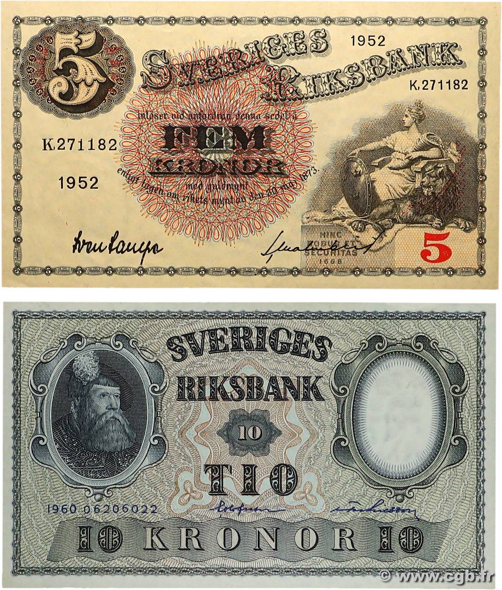 5 et 10 Kronor Lot SUÈDE  1952 P.33ai et P.43h SC+