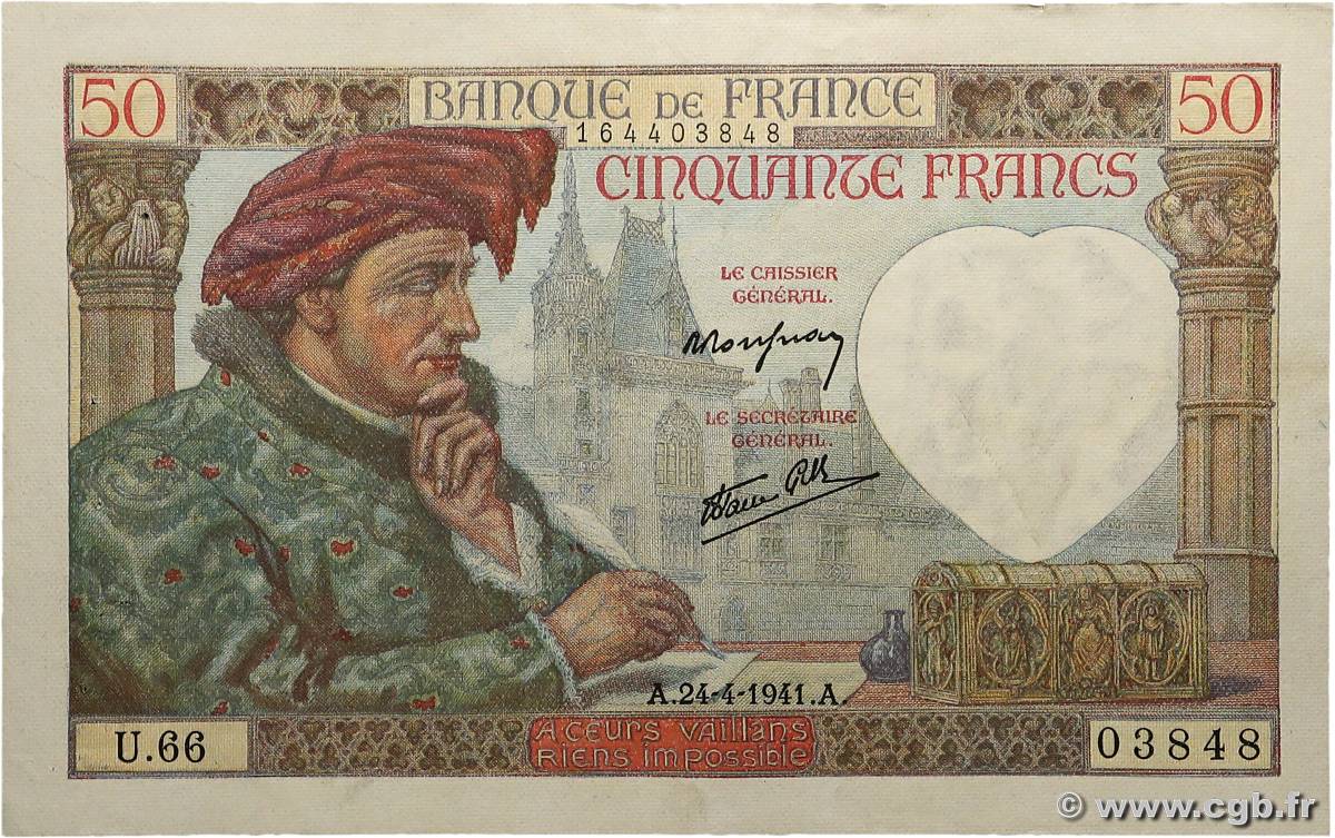 50 Francs JACQUES CŒUR FRANCE  1941 F.19.09 TTB