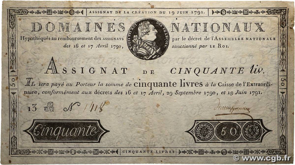 50 Livres FRANCE  1791 Ass.13a TTB