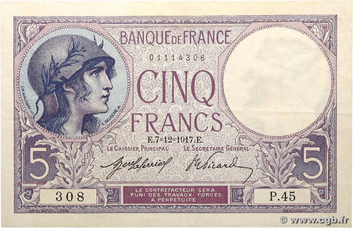 5 Francs FEMME CASQUÉE FRANCE  1917 F.03.01 SUP