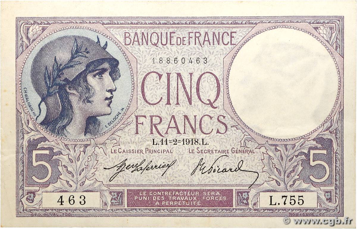 5 Francs FEMME CASQUÉE FRANCE  1918 F.03.02 SUP