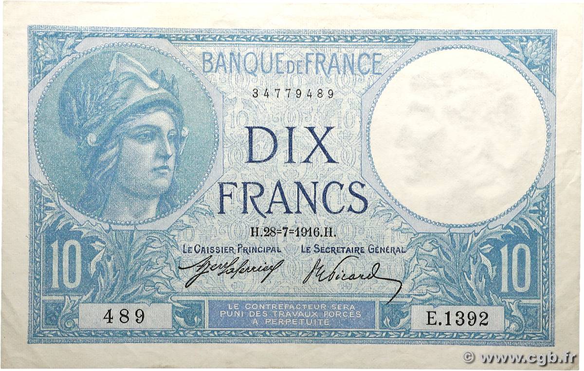 10 Francs MINERVE FRANCIA  1916 F.06.01 SPL