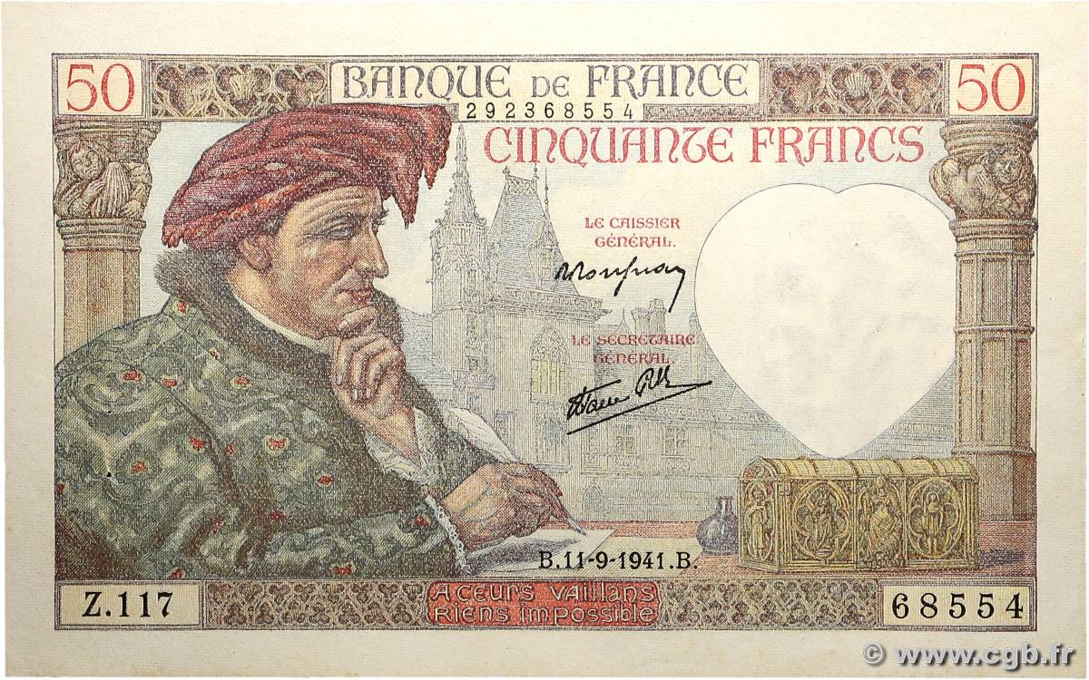 50 Francs JACQUES CŒUR FRANCIA  1941 F.19.14 SPL+