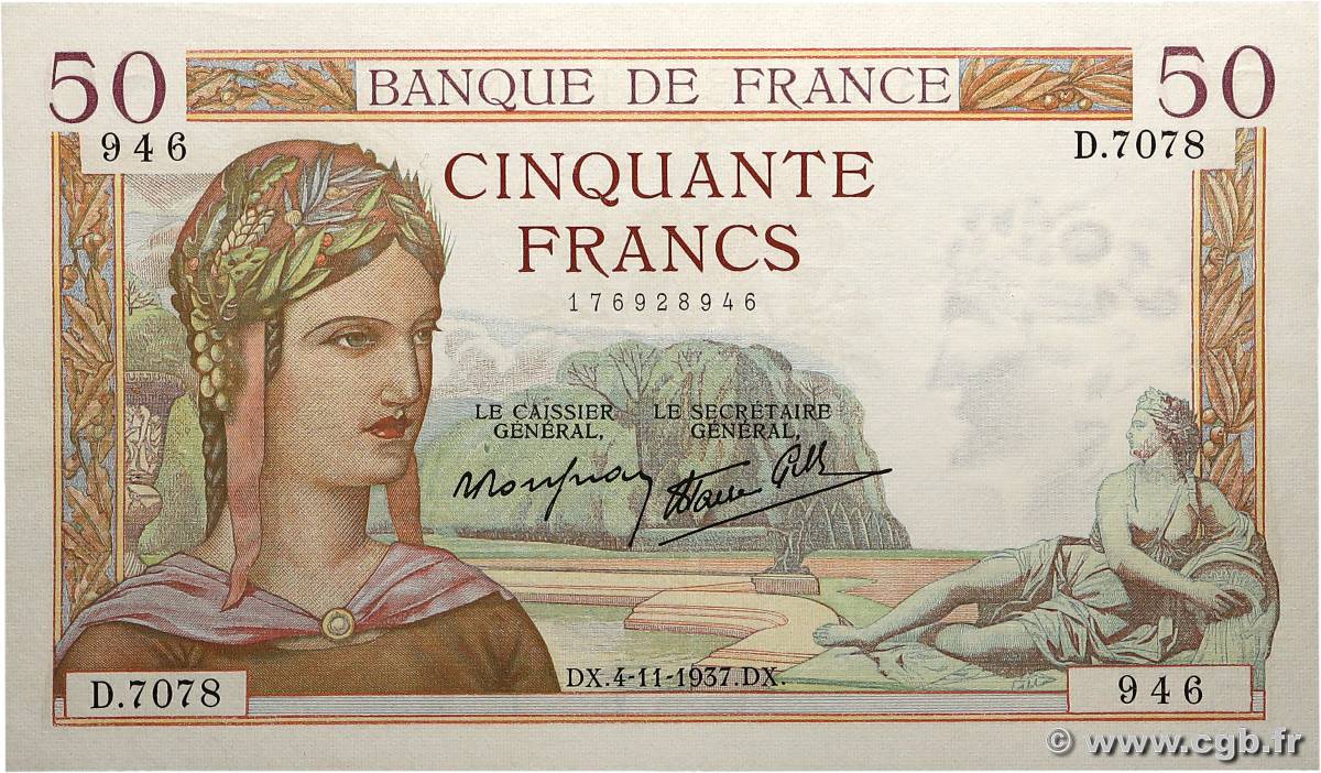 50 Francs CÉRÈS modifié FRANCE  1937 F.18.04 SUP+