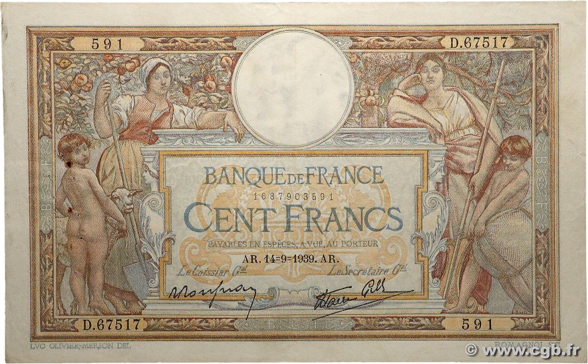 100 Francs LUC OLIVIER MERSON type modifié FRANCE  1939 F.25.49 TTB