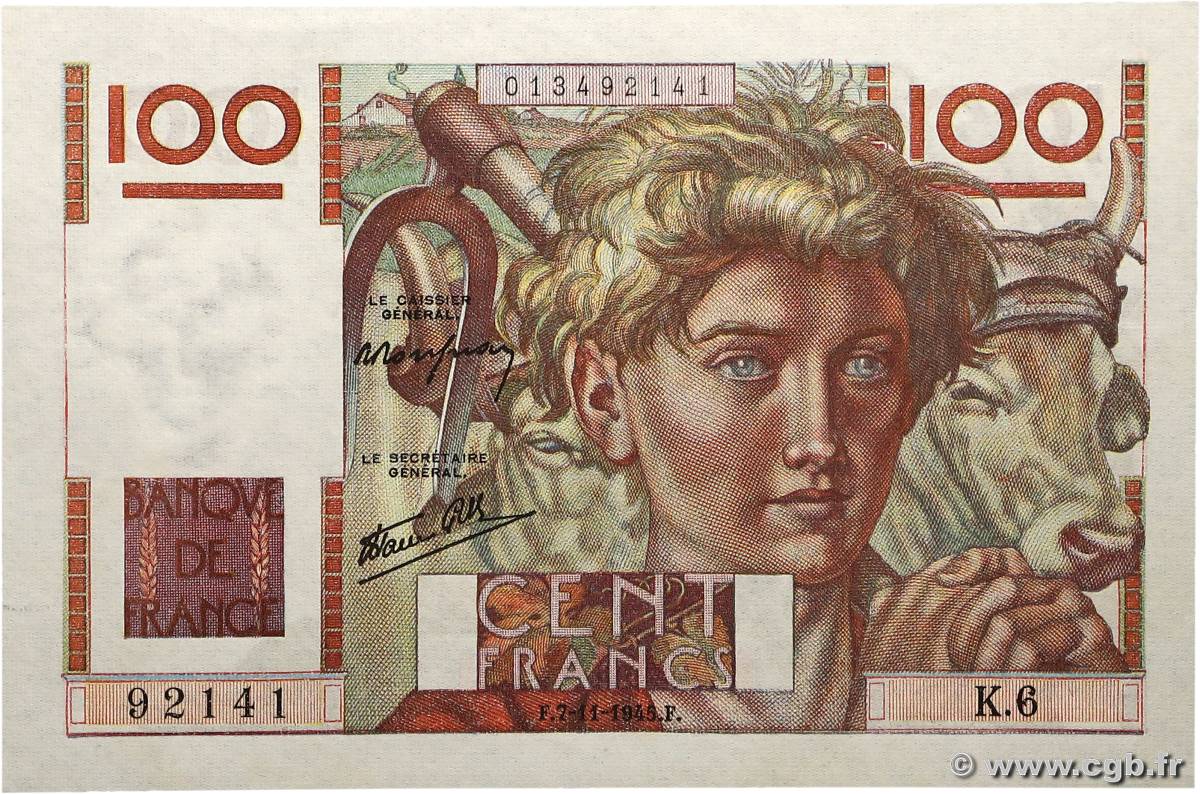 100 Francs JEUNE PAYSAN FRANCE  1945 F.28.01 pr.NEUF