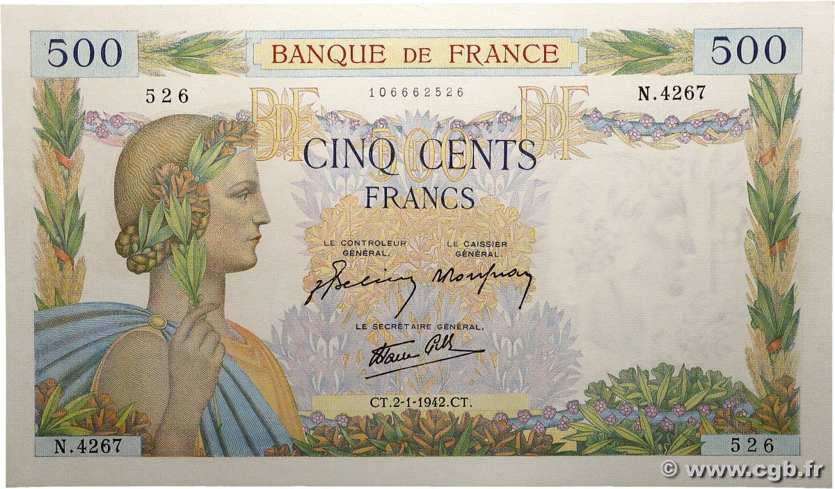 500 Francs LA PAIX FRANCIA  1942 F.32.26 FDC