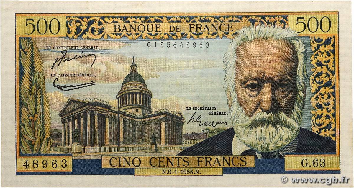 500 Francs VICTOR HUGO FRANCE  1955 F.35.04 TTB+