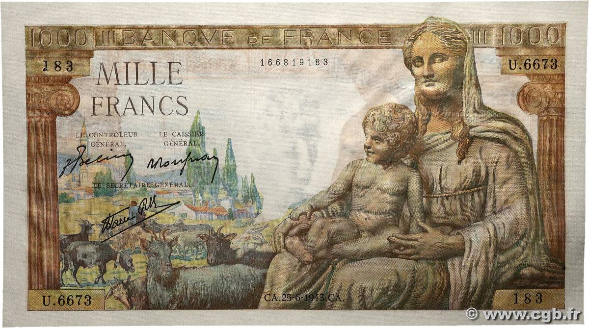 1000 Francs DÉESSE DÉMÉTER FRANCE  1943 F.40.28 SPL