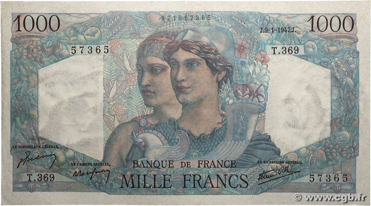 1000 Francs MINERVE ET HERCULE FRANCE  1947 F.41.18 XF+