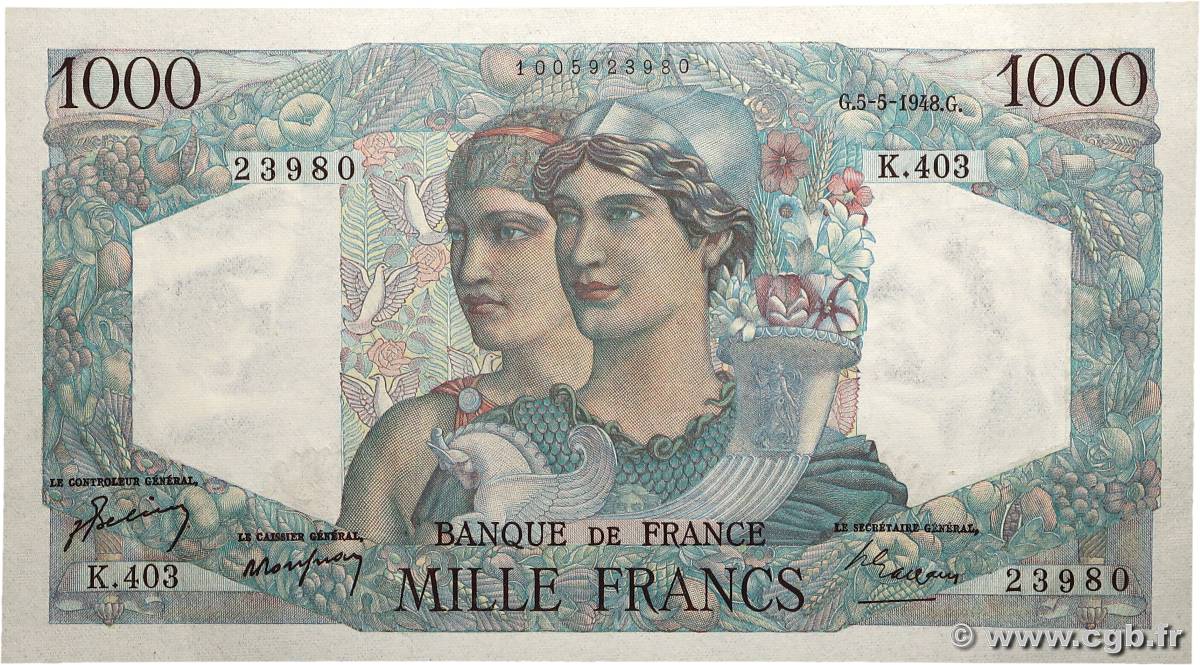 1000 Francs MINERVE ET HERCULE FRANCE  1948 F.41.20a pr.NEUF