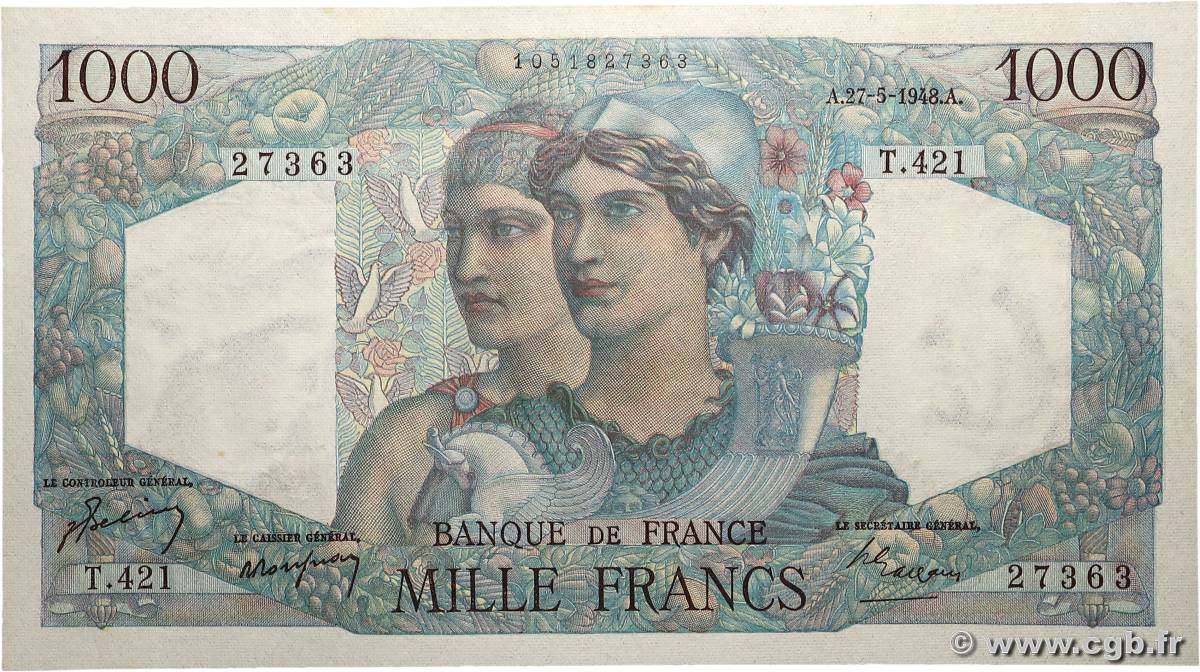 1000 Francs MINERVE ET HERCULE FRANCE  1948 F.41.21 SPL+