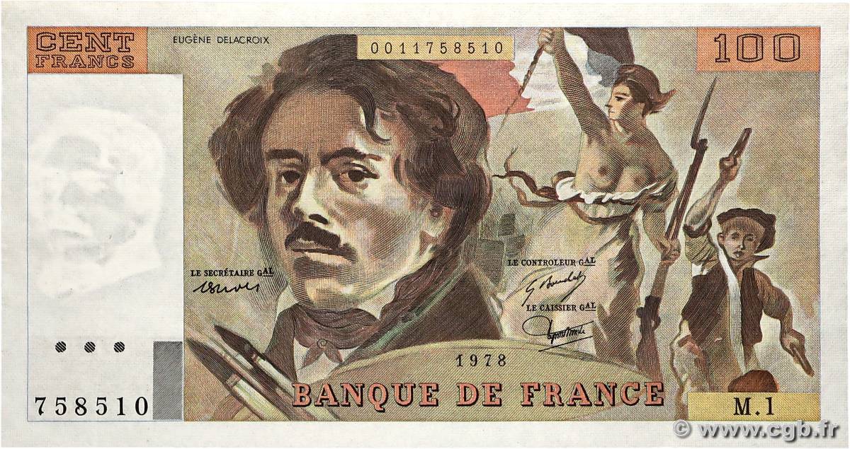 100 Francs DELACROIX FRANCE  1978 F.68.01 TTB