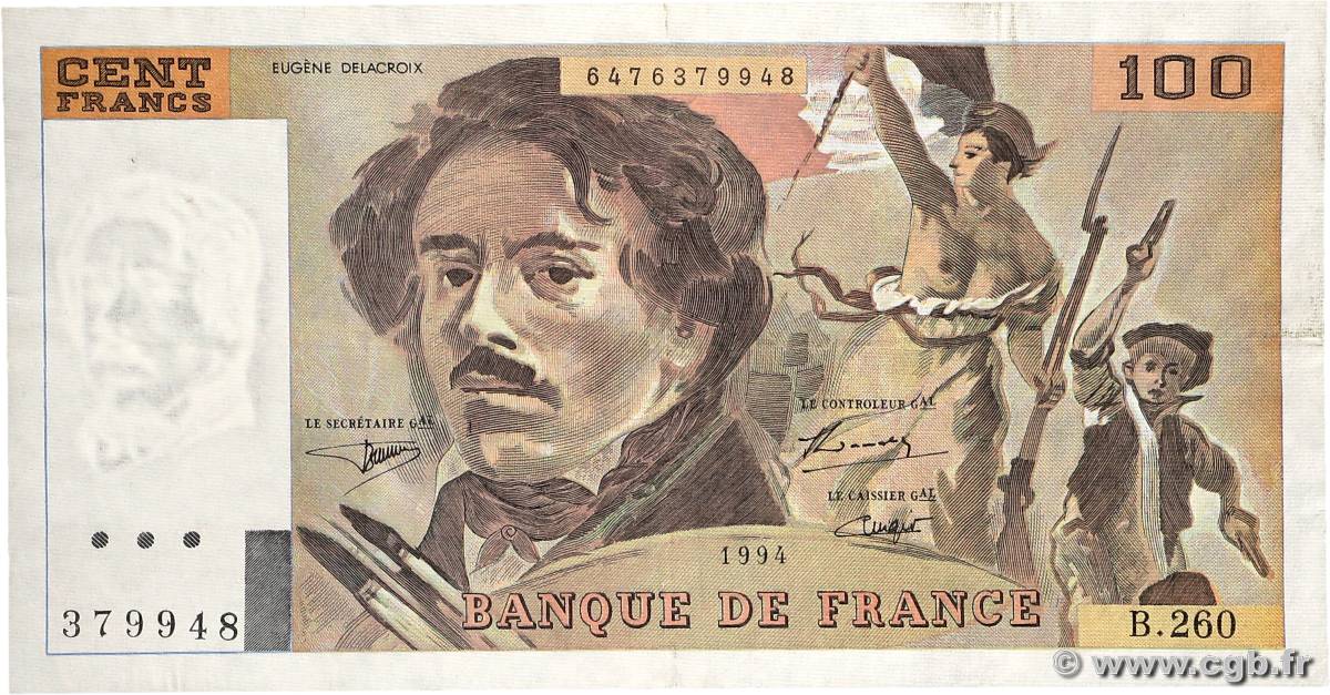 100 Francs DELACROIX 442-1 & 442-2 FRANCE  1994 F.69ter.01a TTB