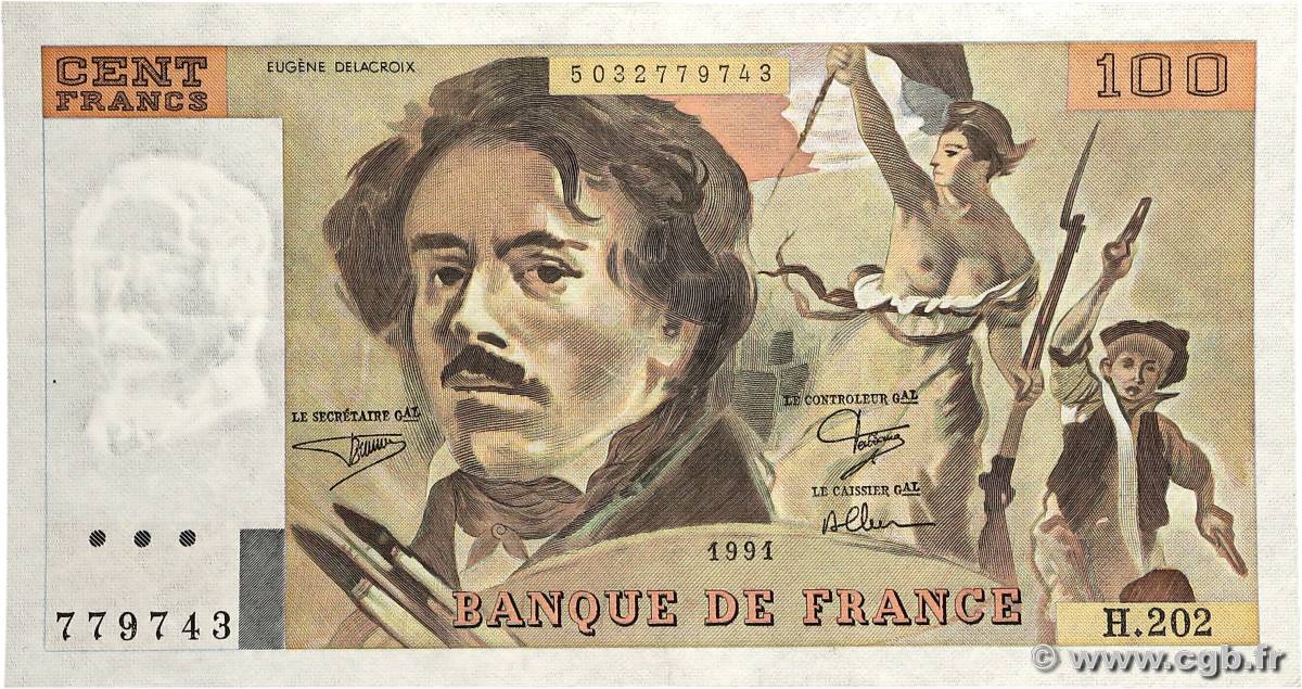 100 Francs DELACROIX imprimé en continu FRANCE  1991 F.69bis.03c1 pr.SUP