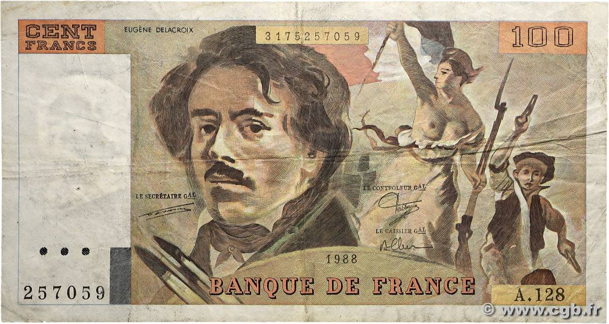 100 Francs DELACROIX modifié FRANCE  1988 F.69.12A128 pr.TB