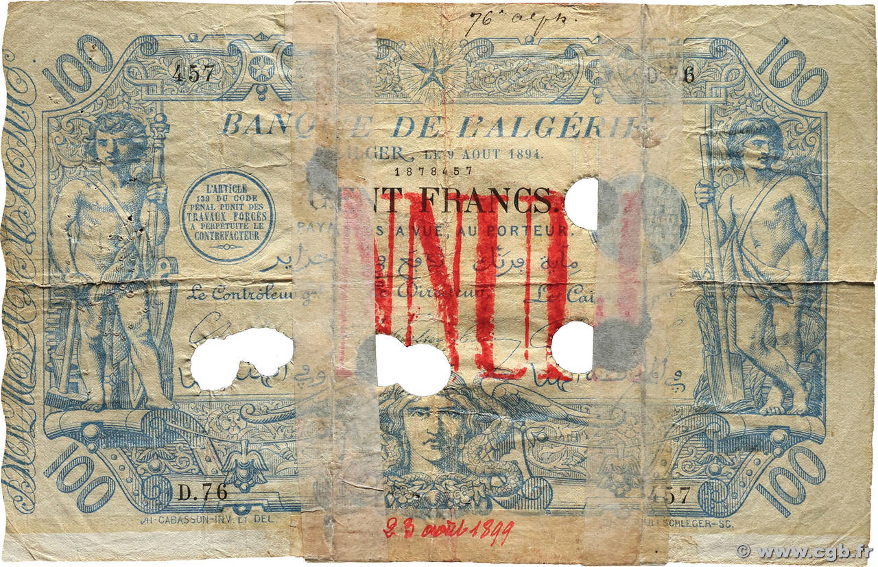 100 Francs Annulé ALGERIEN  1894 P.018 SGE