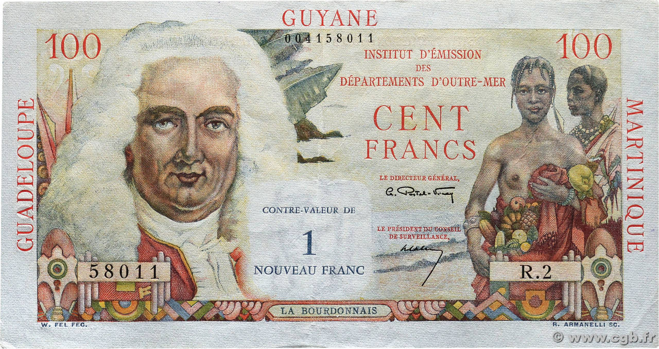 1 NF sur 100 Francs La Bourdonnais FRENCH ANTILLES  1960 P.01 fST