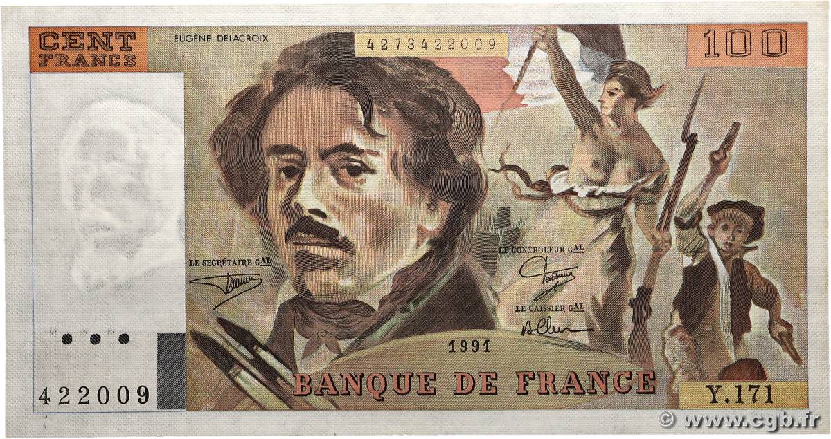 100 Francs DELACROIX imprimé en continu FRANCE  1991 F.69bis.03a3 pr.SPL