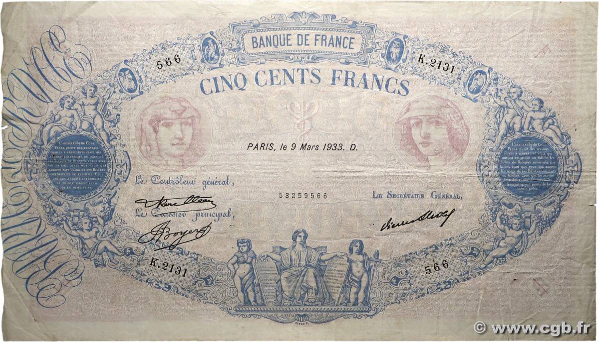 500 Francs BLEU ET ROSE FRANKREICH  1933 F.30.36 fSS