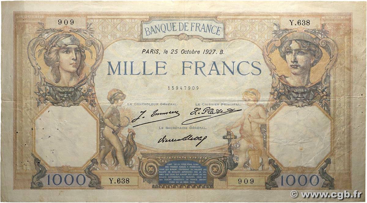 1000 Francs CÉRÈS ET MERCURE FRANCE  1927 F.37.01 TB